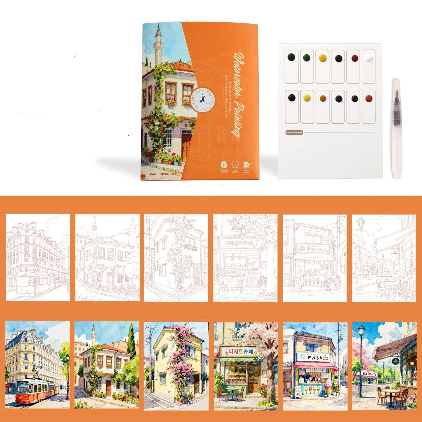Foldable Watercolor Coloring Book 12 Paints DIY Stress Relief Art Pad
