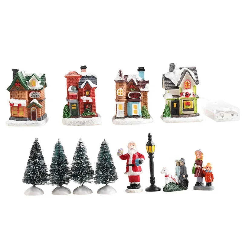 Christmas Resin Mini Village Set with LED Lights – 10 Pieces