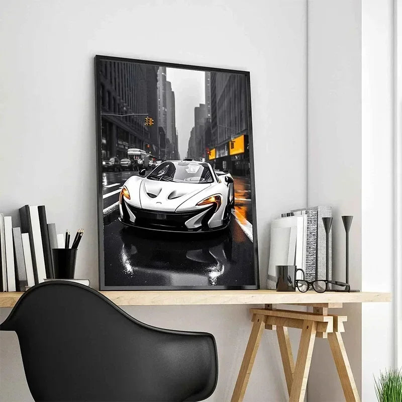 Black and white luxury car canvas super car canvas mural painting living room home aesthetics wall decoration art Peaceful Pleasures Health and Wellness