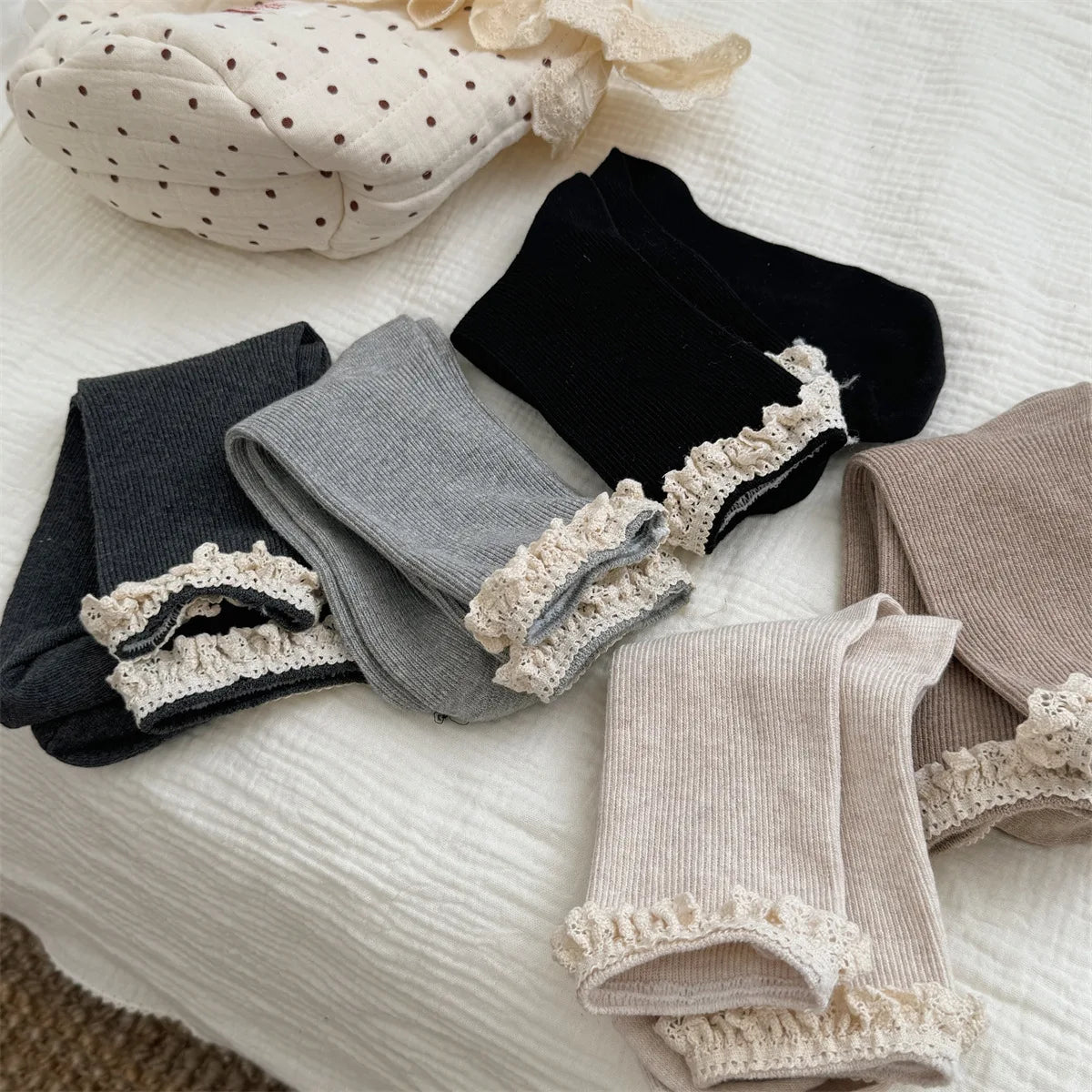Korean Style Socks Sweet Lace Mid Calf Socks Ballet Style Girls Double Needle Slouch Socks for Women Daily Casual Fashion Wear Peaceful Pleasures Health and Wellness