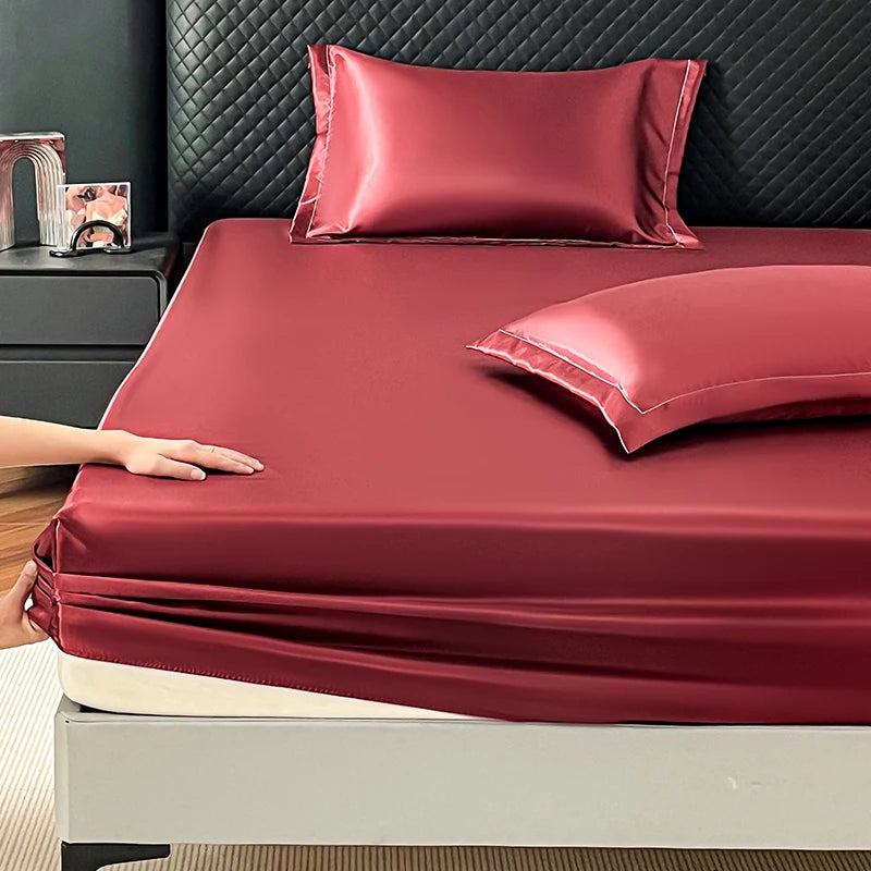 Silky Satin Fitted Bed Sheet Soft Deep Pocket Full Mattress Cover Fits 12 to 16 Inches Single Layer Comfortable Sleep Experience Peaceful Pleasures Health and Wellness Fitted Sheet Red 99x190cm Twin 1pc