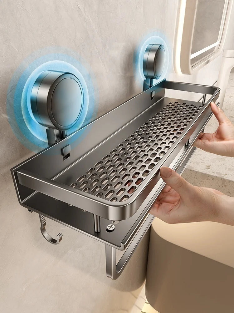 No-Drill Aluminum Bathroom Shelf | Suction Cup Wall Organizer