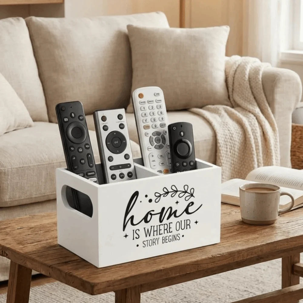 Wooden Remote Control Storage Box – 2-Slot Desktop Organizer