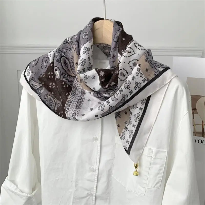 70x70 Retro Print Square Silk Scarf with Magnetic Buckle
