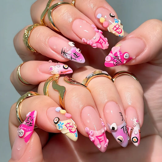 24pcs 3D Cartoon Press On Nails – Almond Y2K Fake Nail Set Press On Nails Peaceful Pleasures Health and Wellness