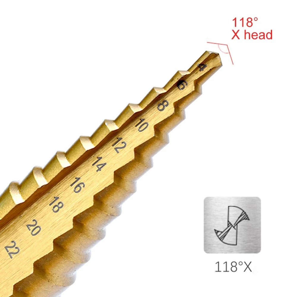 Straight Groove Step Drill Bit HSS Titanium Coated Wood Metal Hole Cutter Core Drilling Tools Set 4 Models 3-12 4-12 4-20 4-32 Peaceful Pleasures Health and Wellness