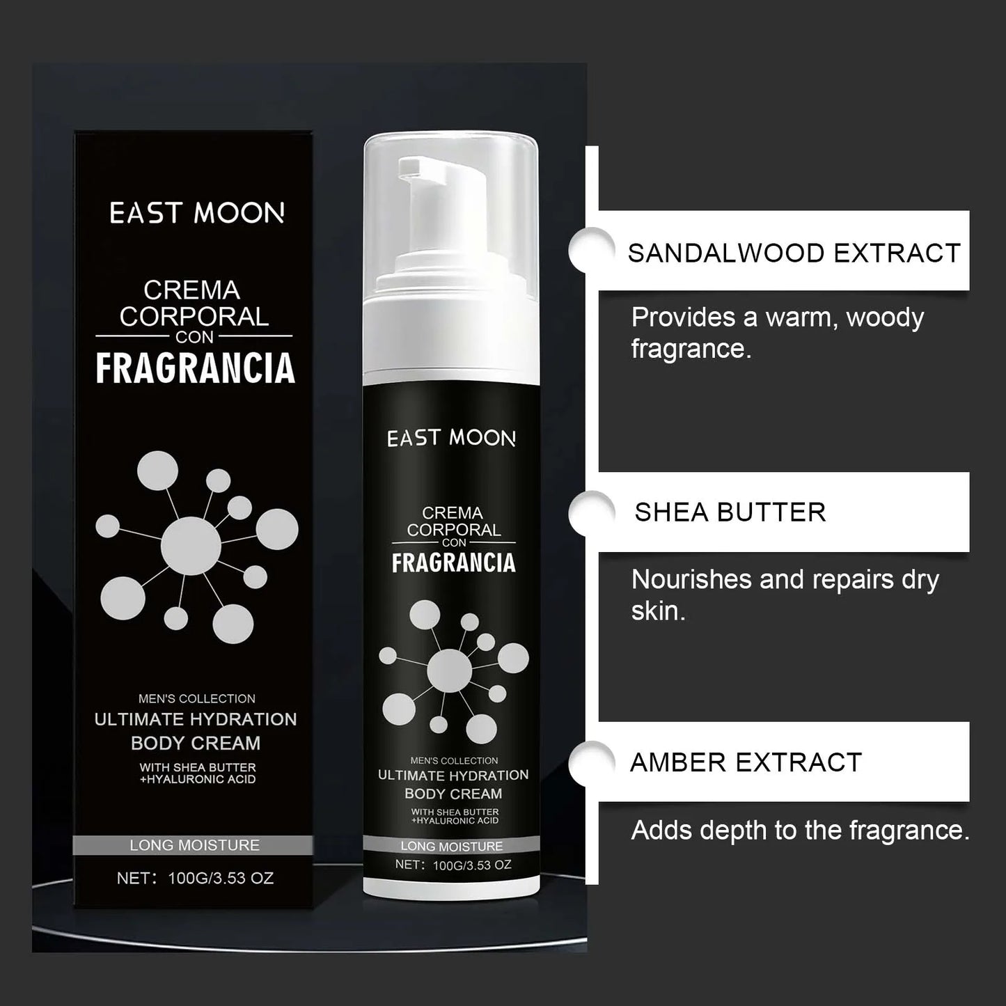 East Moon Men's Scented Body Cream Sandalwood Extract Non Greasy Fast Absorbing Improves Skin Texture Elasticity For Dry Skin Peaceful Pleasures Health and Wellness