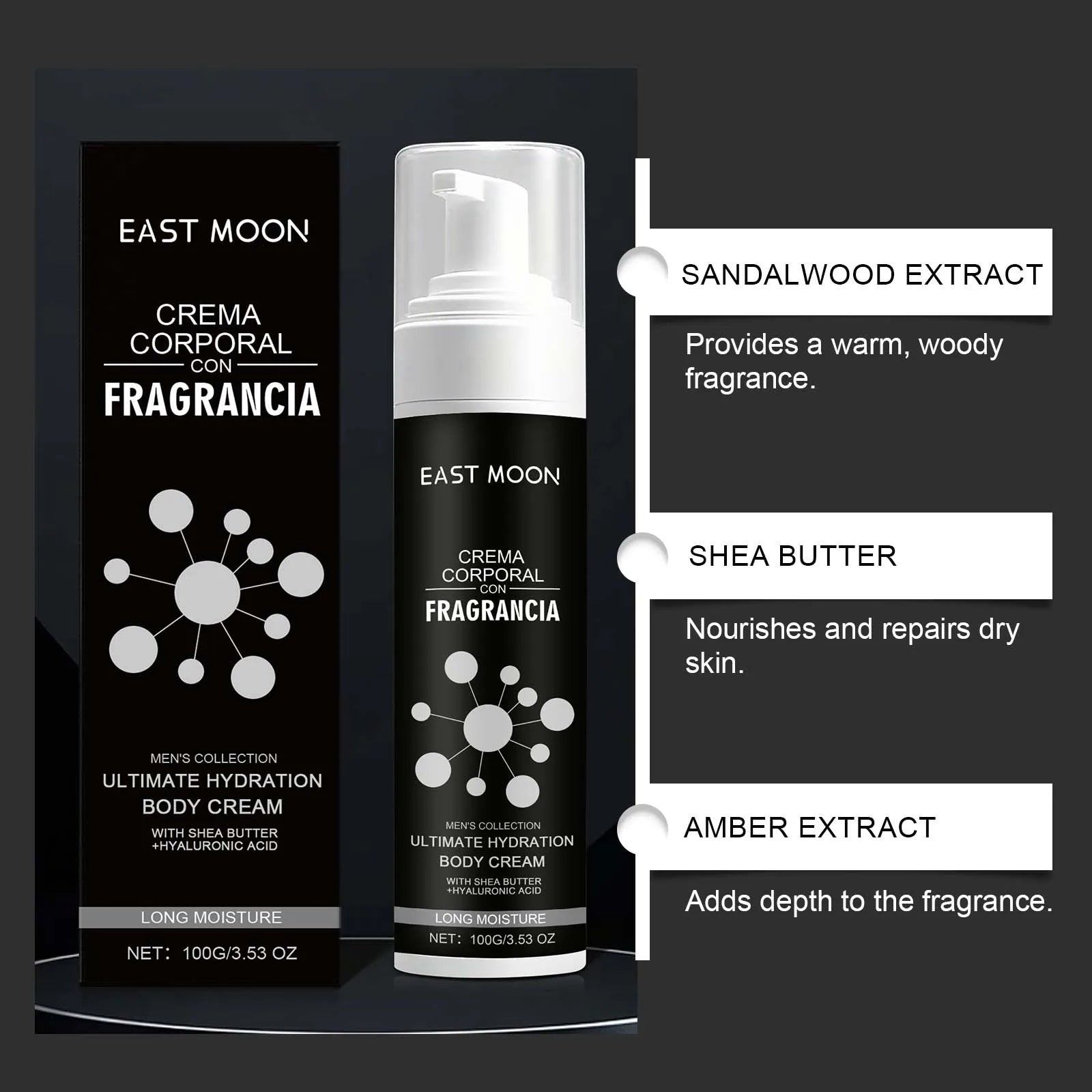 East Moon Men's Scented Body Cream Sandalwood Extract Non Greasy Fast Absorbing Improves Skin Texture Elasticity For Dry Skin Peaceful Pleasures Health and Wellness