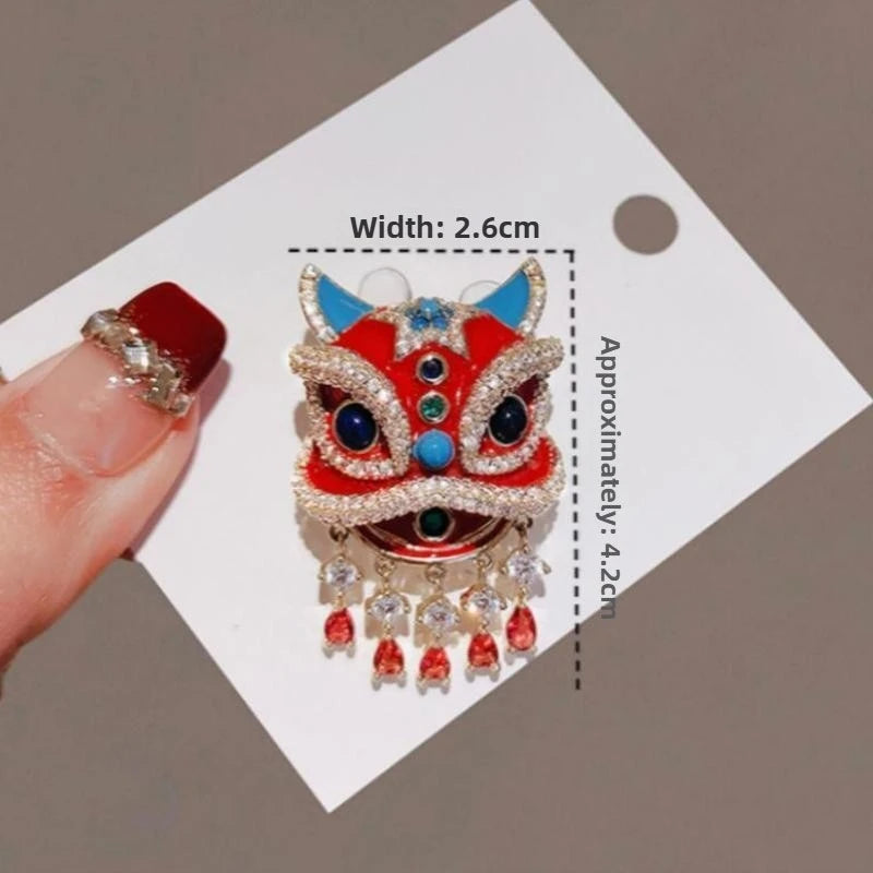 Chinese Style Red Lion Dance High End Accessory Enamel Painted Brooch Peaceful Pleasures Health and Wellness