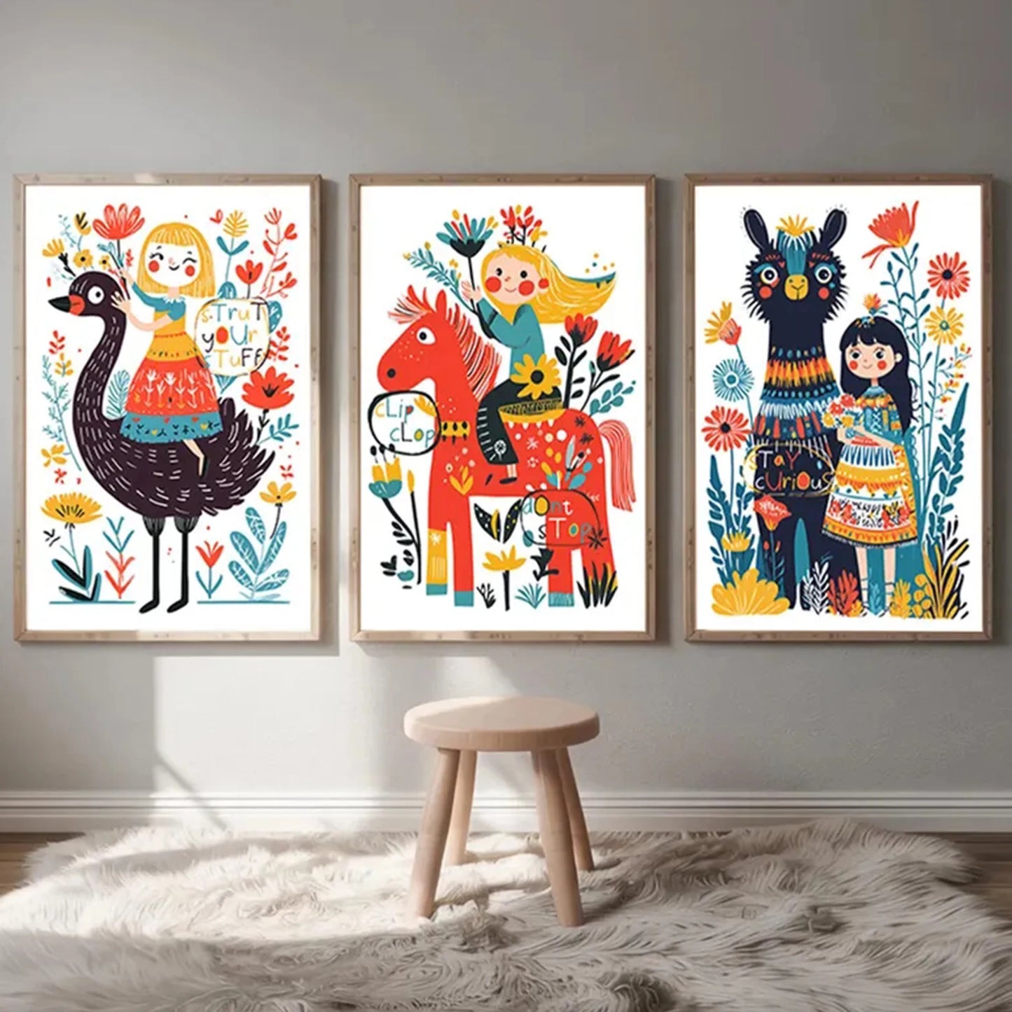 3-Piece Kids Horse & Bird Canvas Wall Art | Whimsical Decor