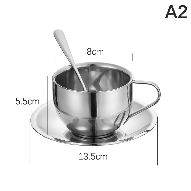 Double Wall Stainless Steel Coffee Cup Set with Saucer & Spoon Coffee Cup Set Peaceful Pleasures Health and Wellness A2 101-200ml