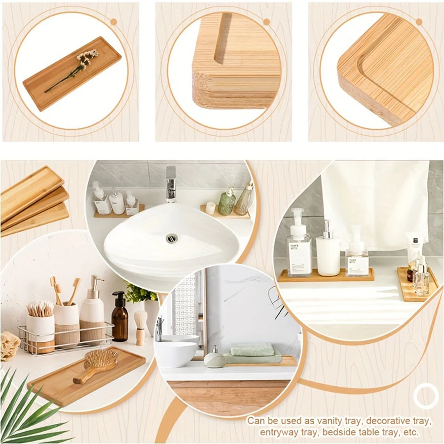 Bamboo Wooden Vanity Tray – Decorative Bathroom Countertop & Dresser Organizer (1, 2 or 3 Pack)