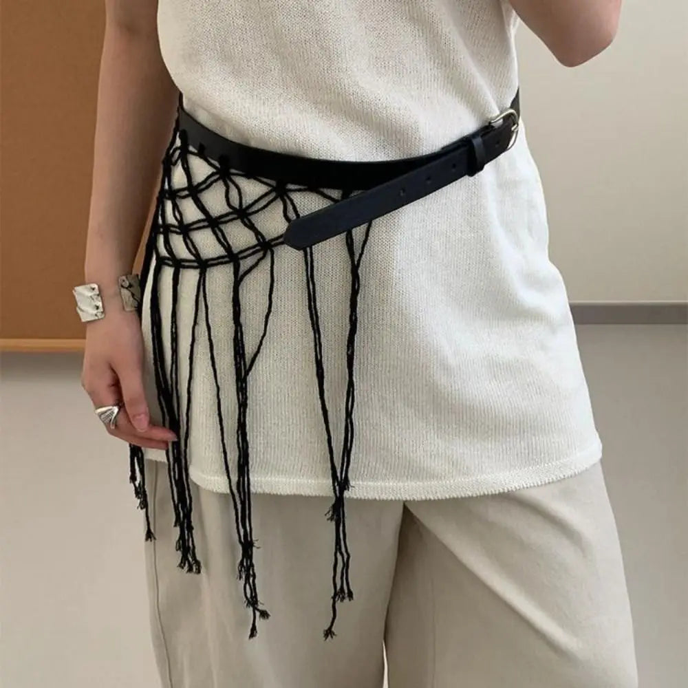 Y2K Boho Tassel Woven Belt | Retro Knit Rope Waistband Women