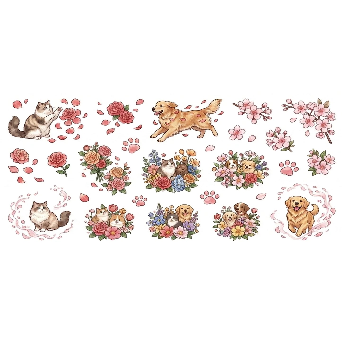 Cute Cat & Dog Floral UV Transfer Rub-On Stickers | DIY Decals