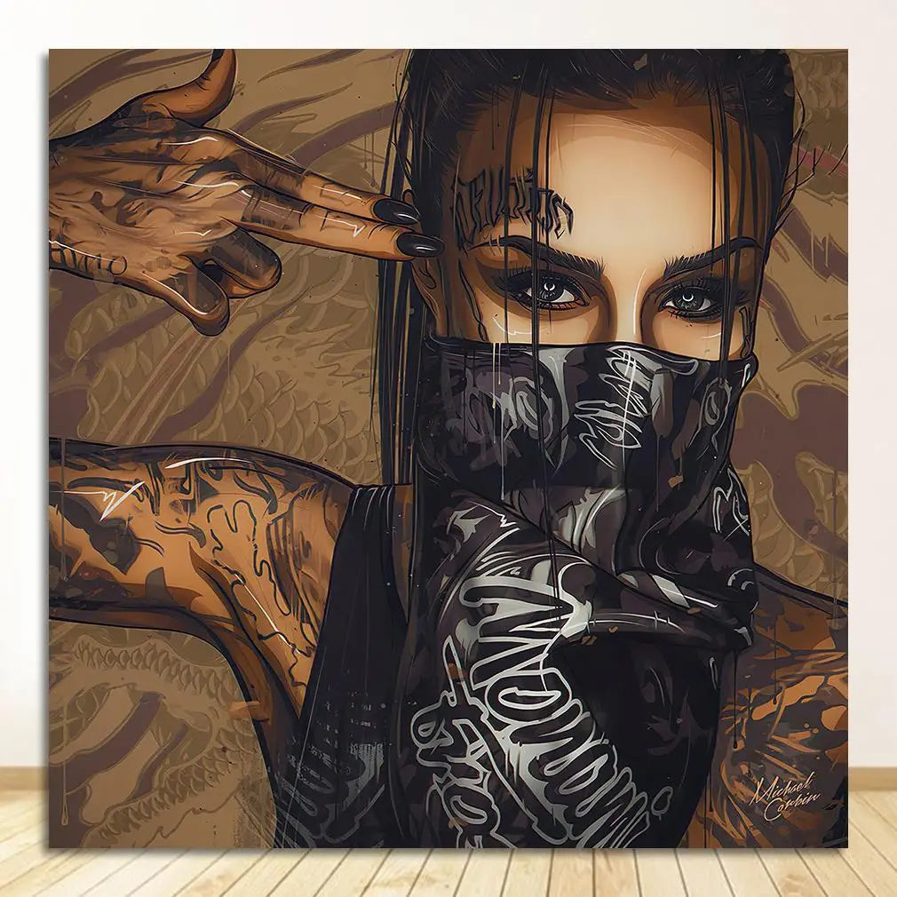 Oil Painting Posters and Prints on Canvas Wall Art Picture for Living Room Cuadros Home Decor Wearing Mask Tattoo Girl Portrait Peaceful Pleasures Health and Wellness 1870-01 50x70cm Unframed