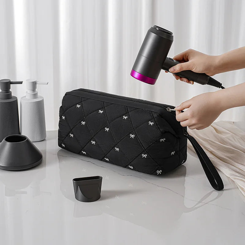 New Multi Functional Hair Dryer Storage Bag for Travel Cute Bow Embroidery Quilted Hair Tools Waterproof Zipper Cosmetic Bags Peaceful Pleasures Health and Wellness