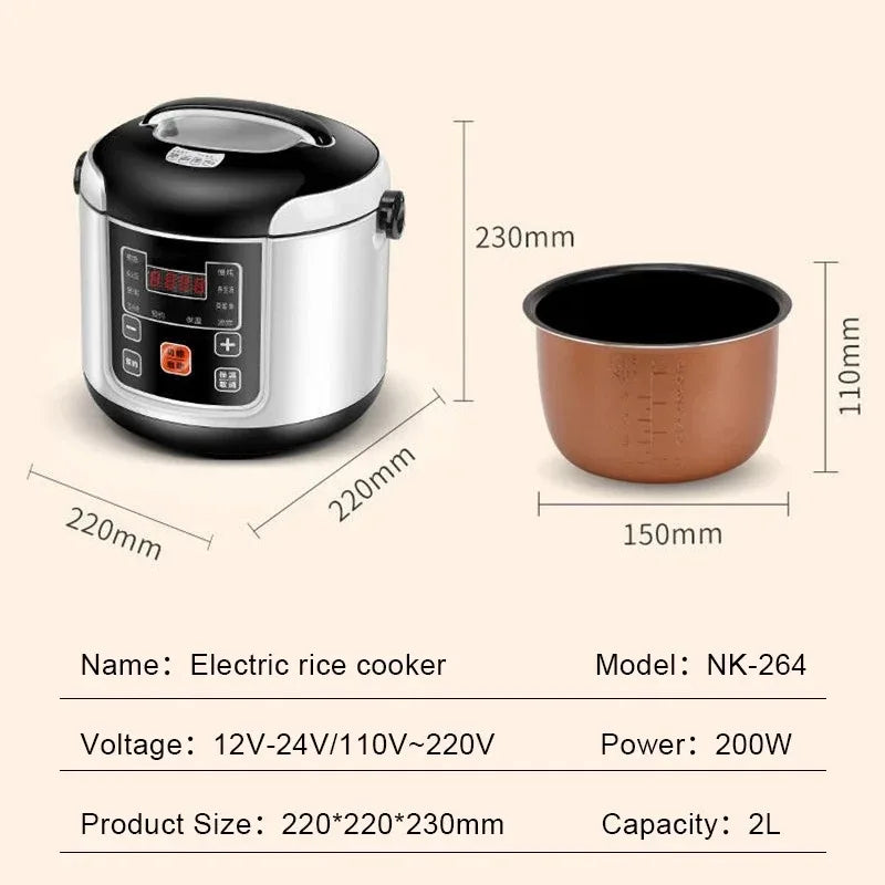 URGGU 2L Portable Car Rice Cooker 12V/24V Electric Multi-Cooker