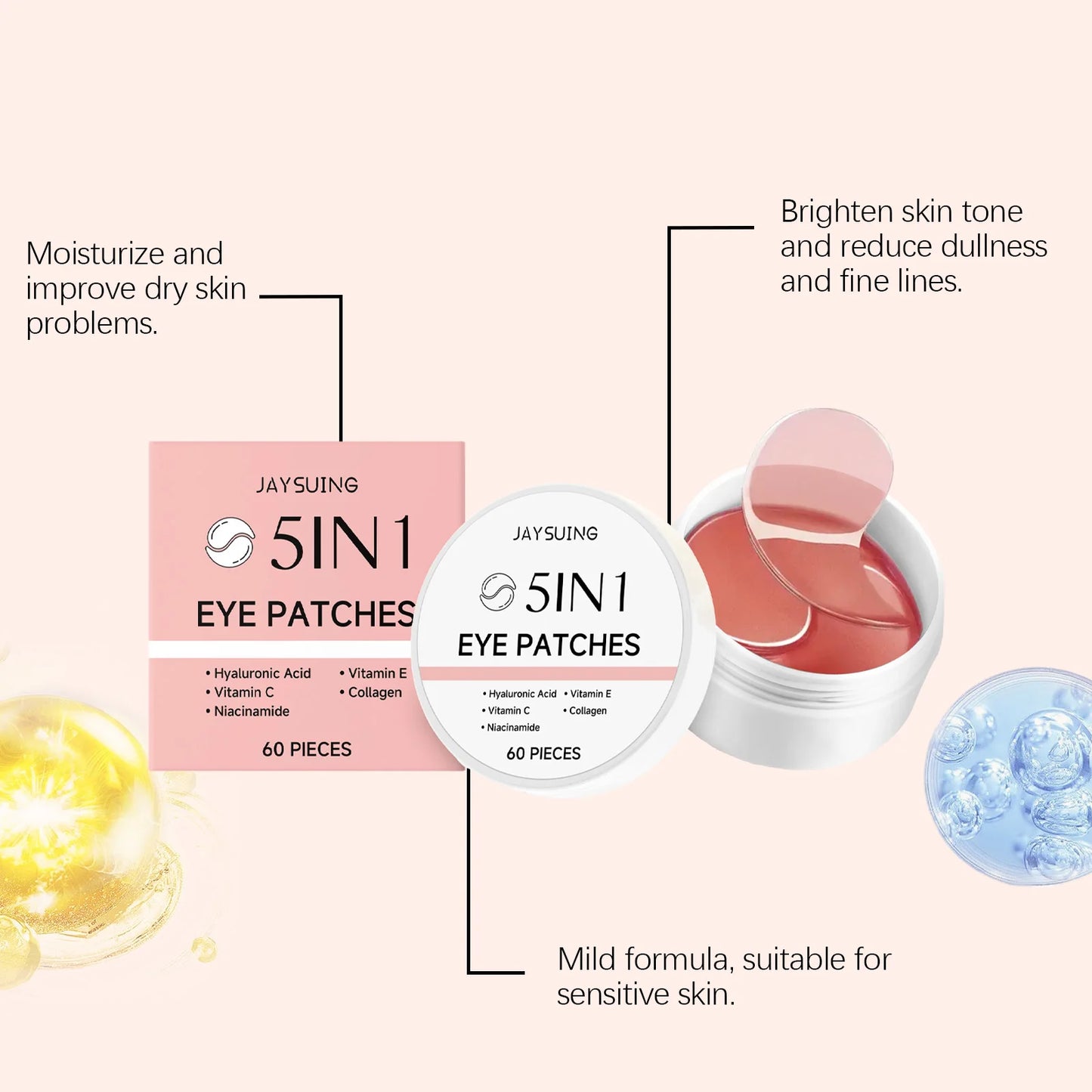 JAYSUING 5-in-1 Under Eye Patches – Hyaluronic Acid & Collagen 60pc
