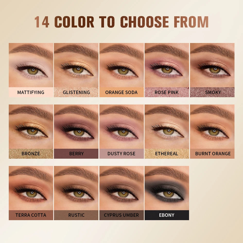 14 Colors Eyeshadow Palettes Glow and Matte Bright Sparkly Tones Contour Brighten Multifunctional Eyeshadow Palettes Makeup Peaceful Pleasures Health and Wellness