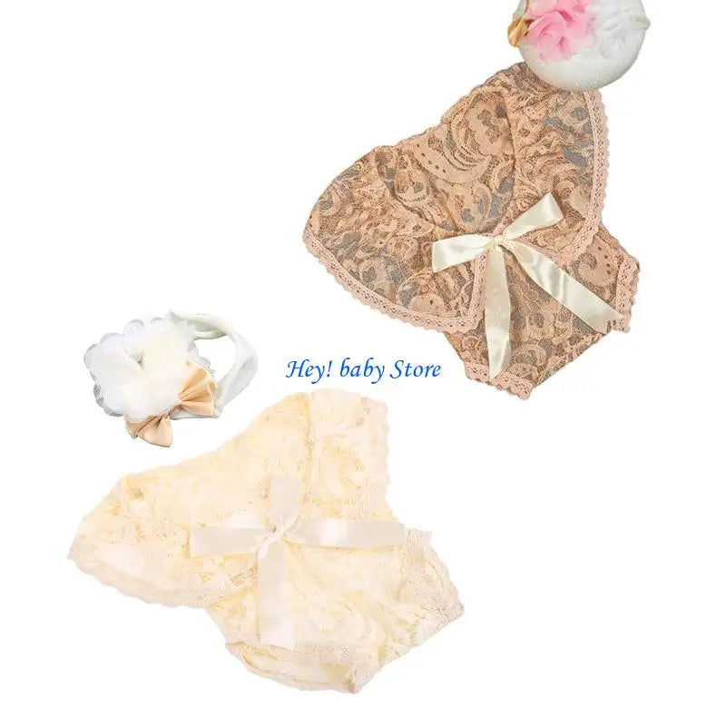 Newborn Photography Props – Lace Romper & Headband Bow 0-1M