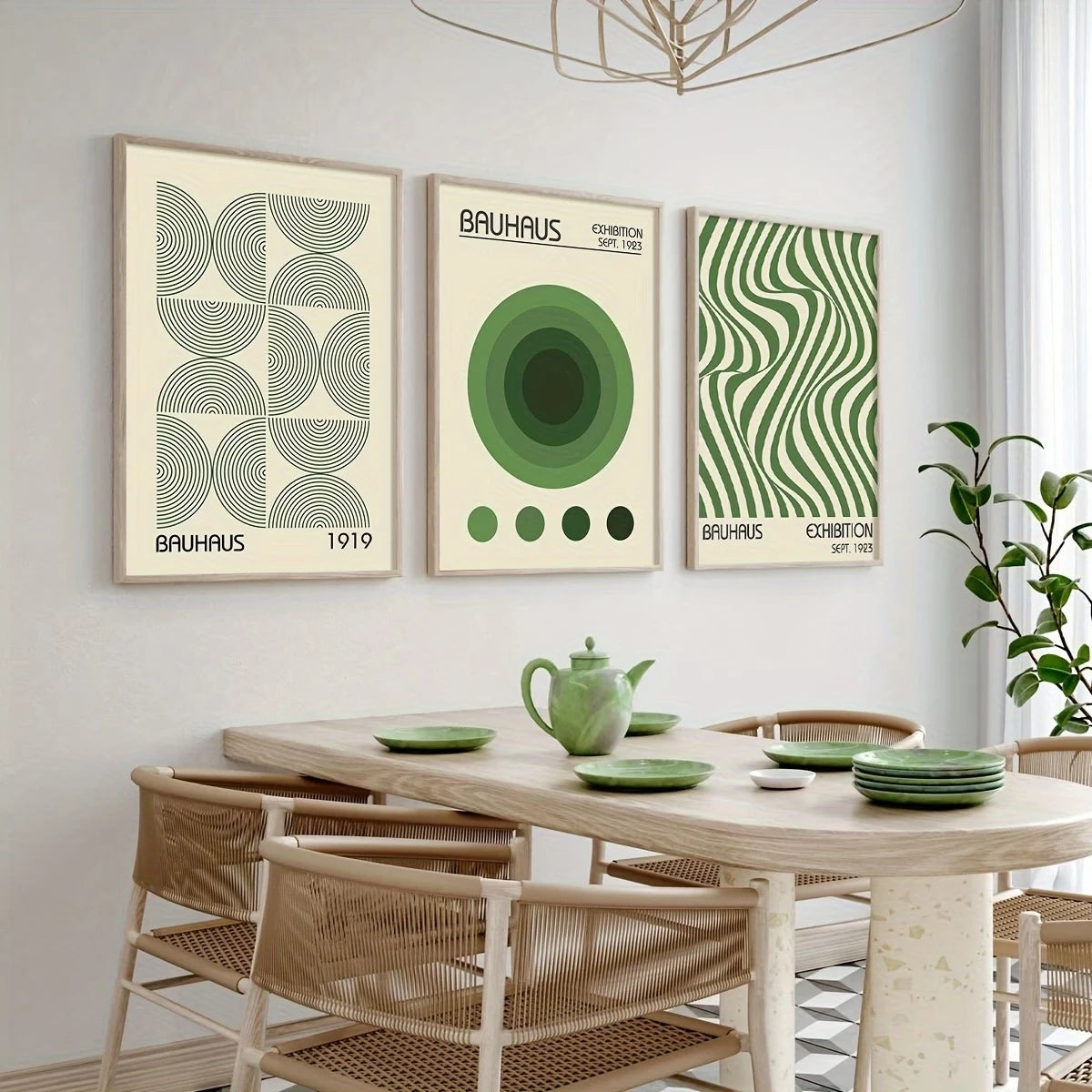 3-Piece Minimalist Green Bauhaus Canvas Wall Art Set