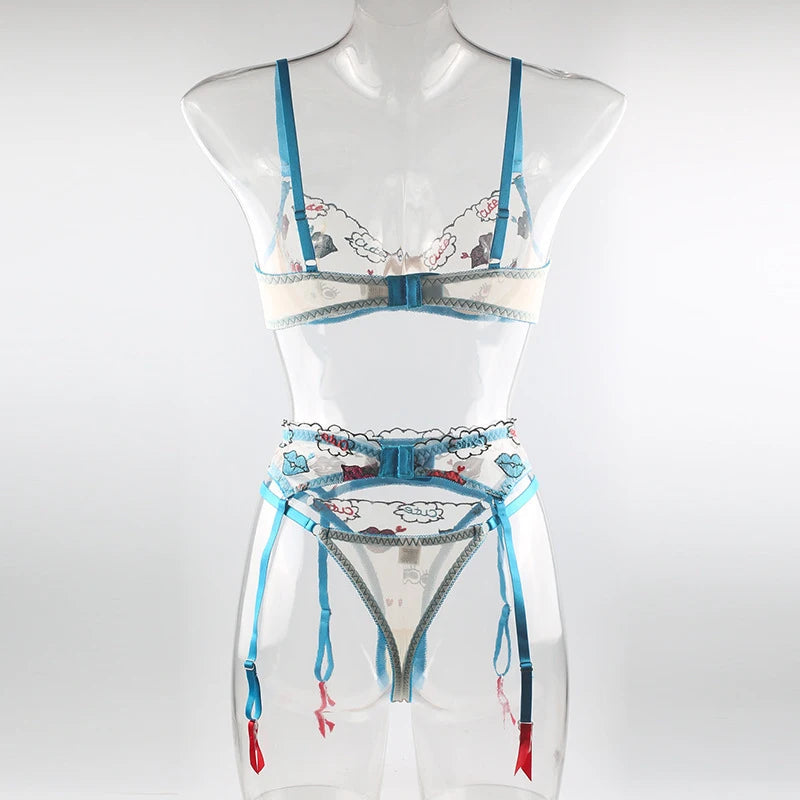 Women's Lip Print 3-Piece Lingerie Suspender Set | Cute Style