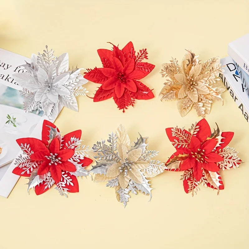 10pcs Christmas Gold Powder Christmas Flower Simulation Flower Christmas Decoration Flower Christmas Tree Decoration Peaceful Pleasures Health and Wellness