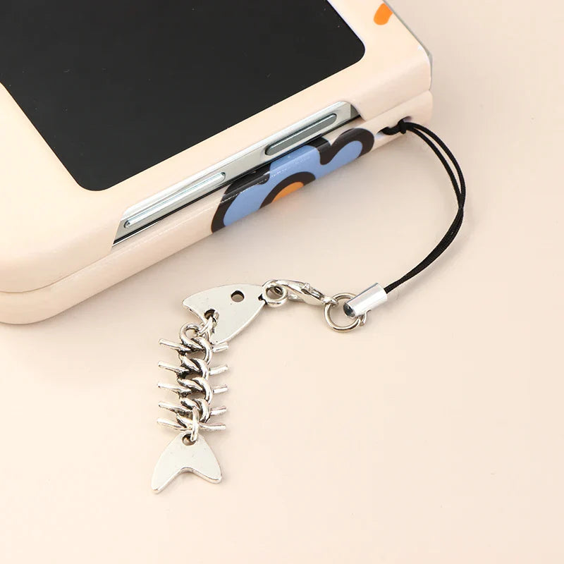 Y2K Fishbone Metal Phone Charm Lanyard | Alloy Keychain