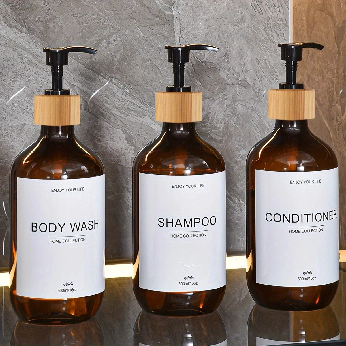 Bathroom Shampoo Dispenser Set 500ml Conditioner Body Wash Bottles Refillable Dispenser Farmhouse Decoration Storage Bottles Peaceful Pleasures Health and Wellness Brown