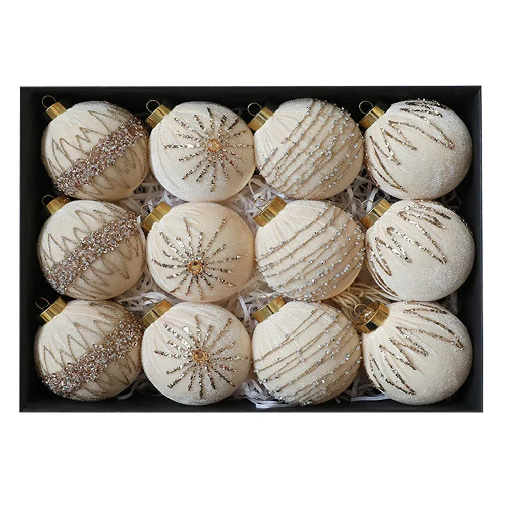 12-Pack Velvet Flocked Christmas Ball Ornaments 8cm | Tree & Wreath