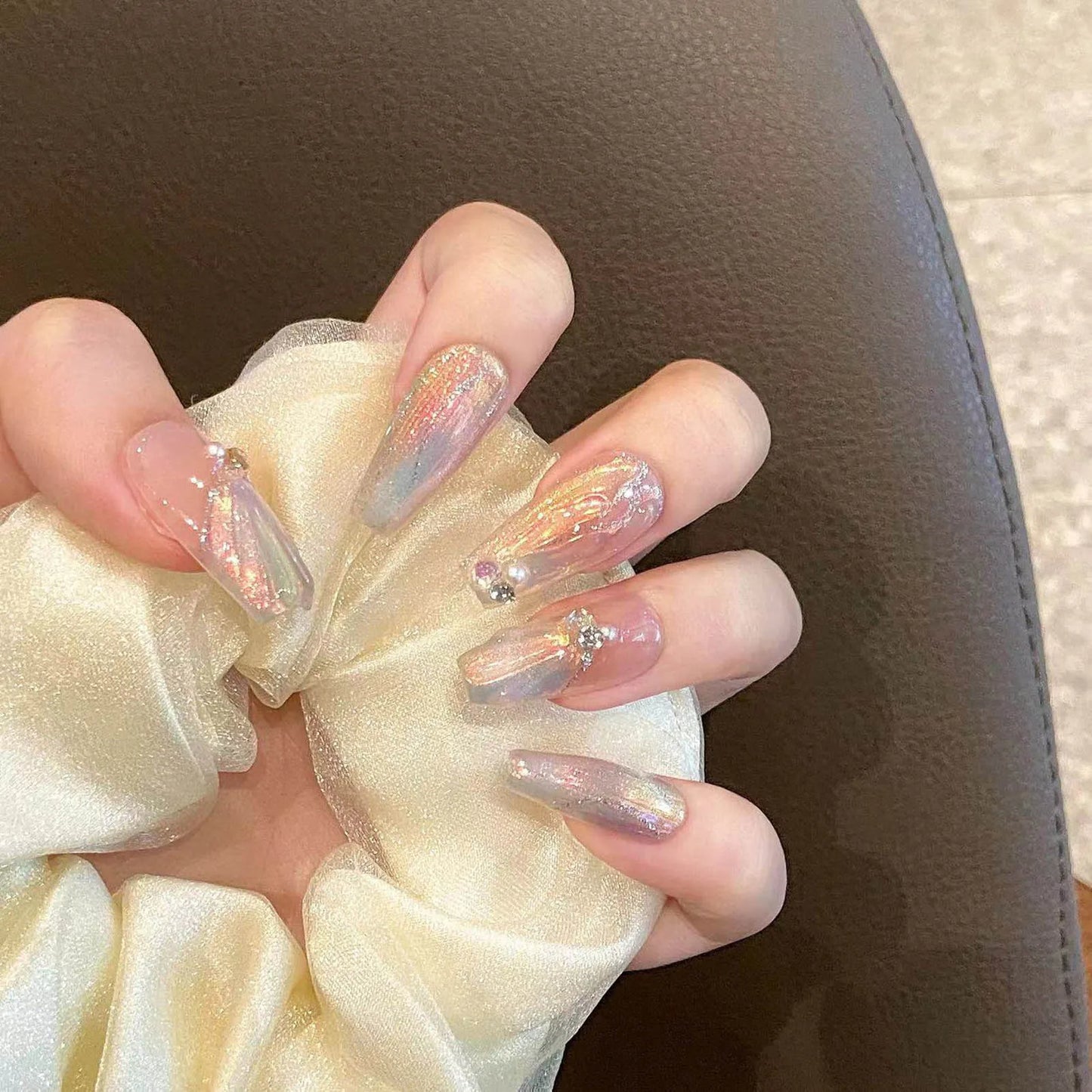 Handmade Press on Nails Blue Aurora Mermaid Fake Nail Patches Wearable Detachable French Pearl Almond False Nail Tips 10pcs Peaceful Pleasures Health and Wellness XS 7