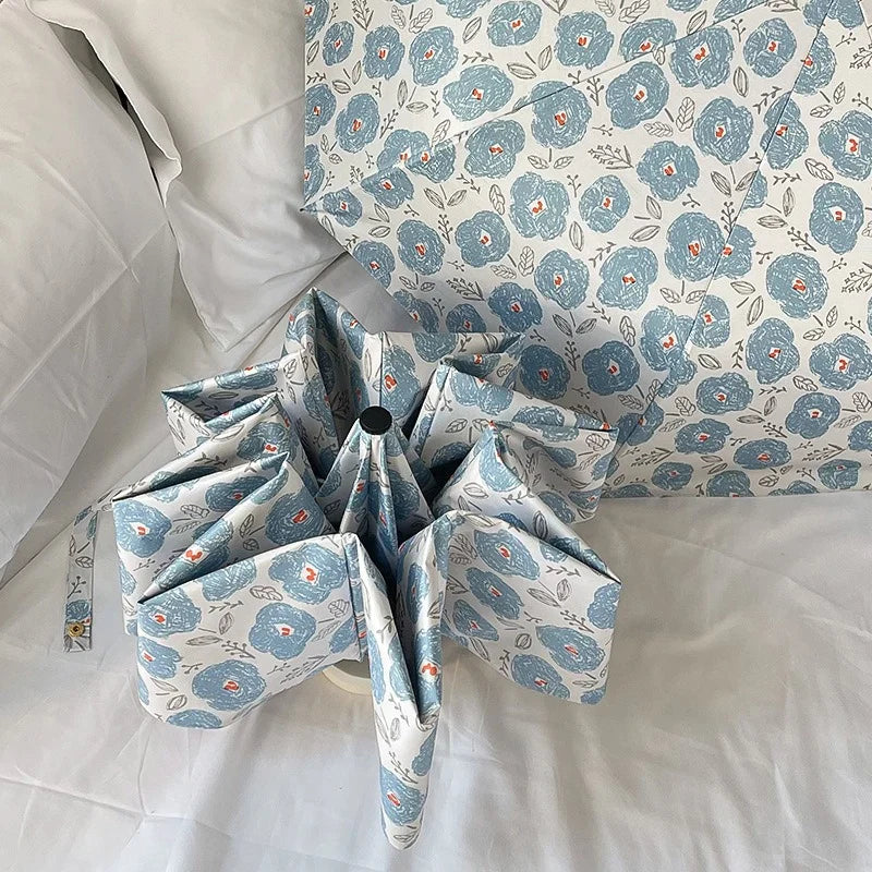 Blue Floral Automatic Folding Umbrella – UV Sun Protection