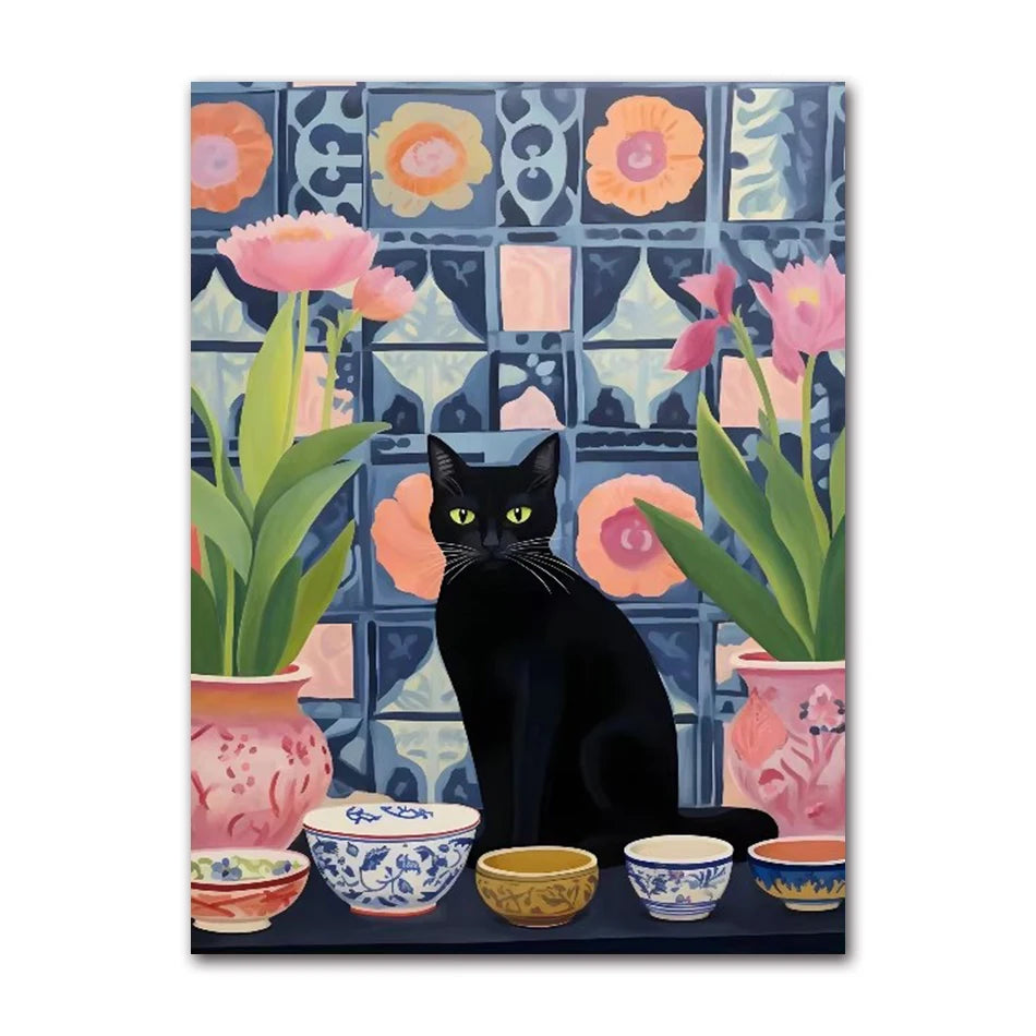 Funny Black Cat Toilet Canvas Wall Art | Bathroom Decor