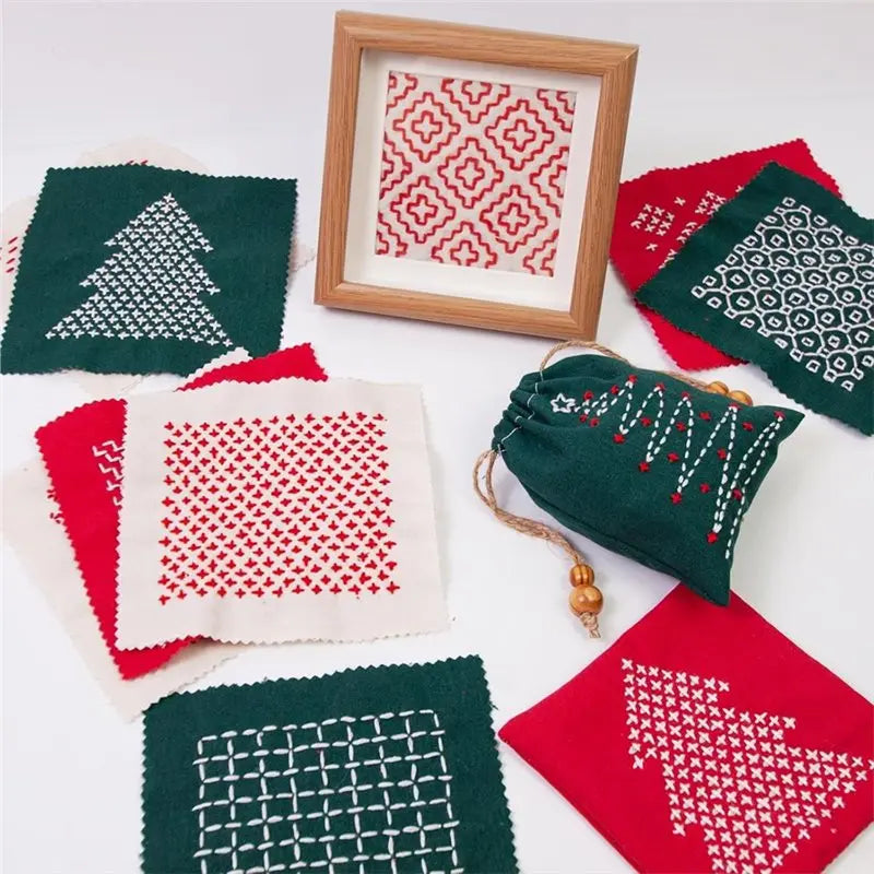 A36T-Water Soluble Embroidery Pattern Sashiko Thread, Merry Christmas Kitsashiko Kit For Beginners, Thimble Fabric, Hand Quiltin Peaceful Pleasures Health and Wellness