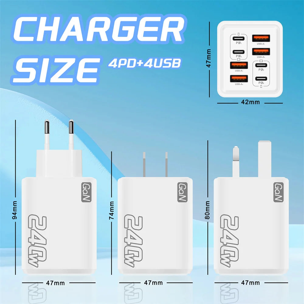 240W GaN 8-Port USB-C PD Fast Charger | QC 3.0 Wall Adapter