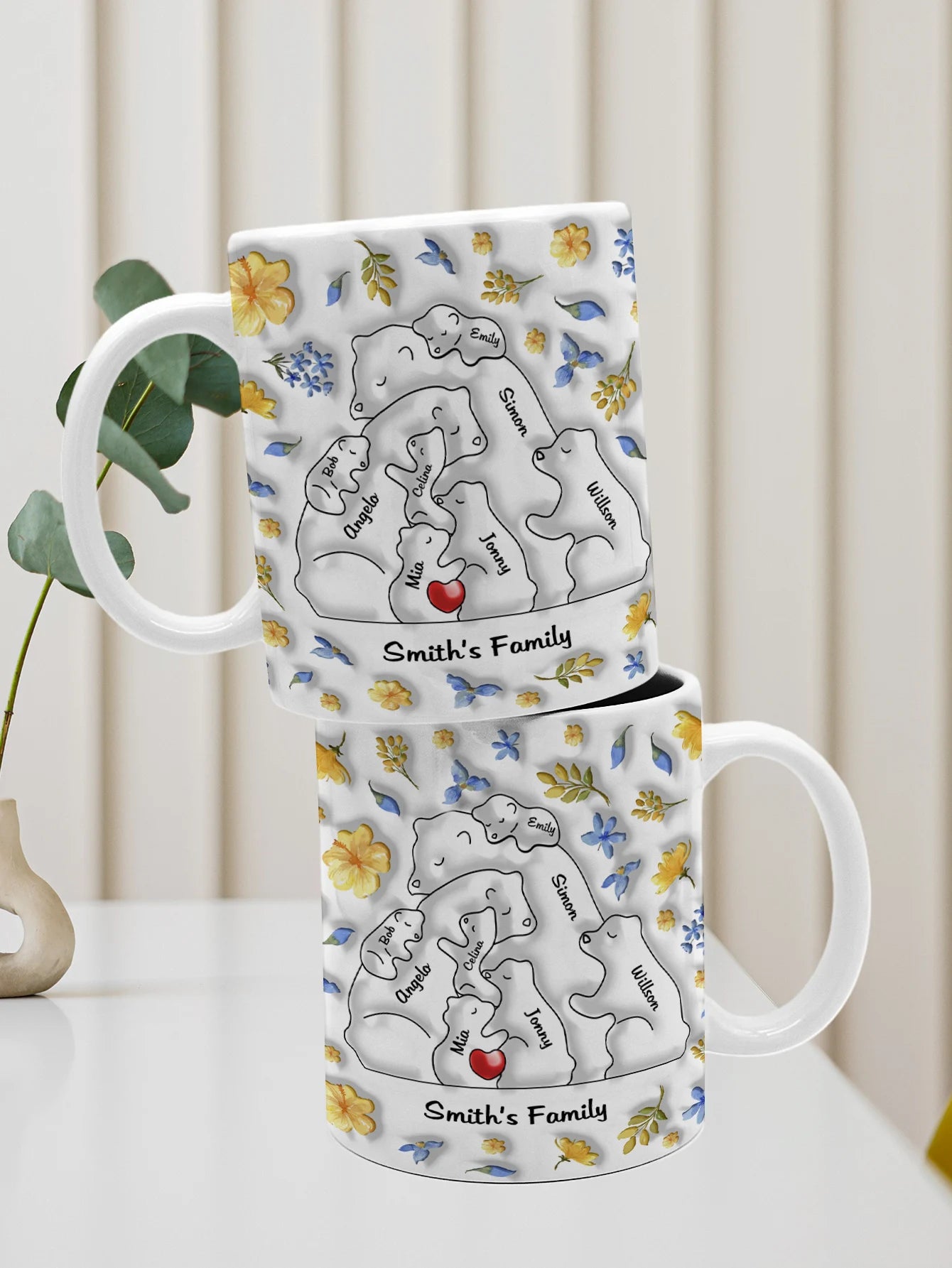 Custom Bear Family Name Mug 11oz Personalized Names Coffee Cup 3D Inflated Effect Gift for Mom Dad Couple Wedding Peaceful Pleasures Health and Wellness