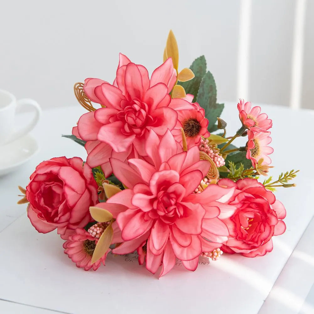 Silk Artificial Dahlia Rose Daisy Bouquet | Wedding & Party Decor
