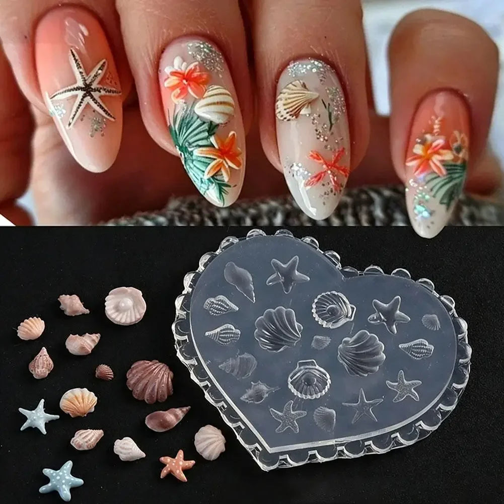 Marine Animals Design Nail Art Molds DIY 3D Summer Silicone Transparent Nail Mold Template Cute Starfish, Shell Molds Nail Tool Peaceful Pleasures Health and Wellness
