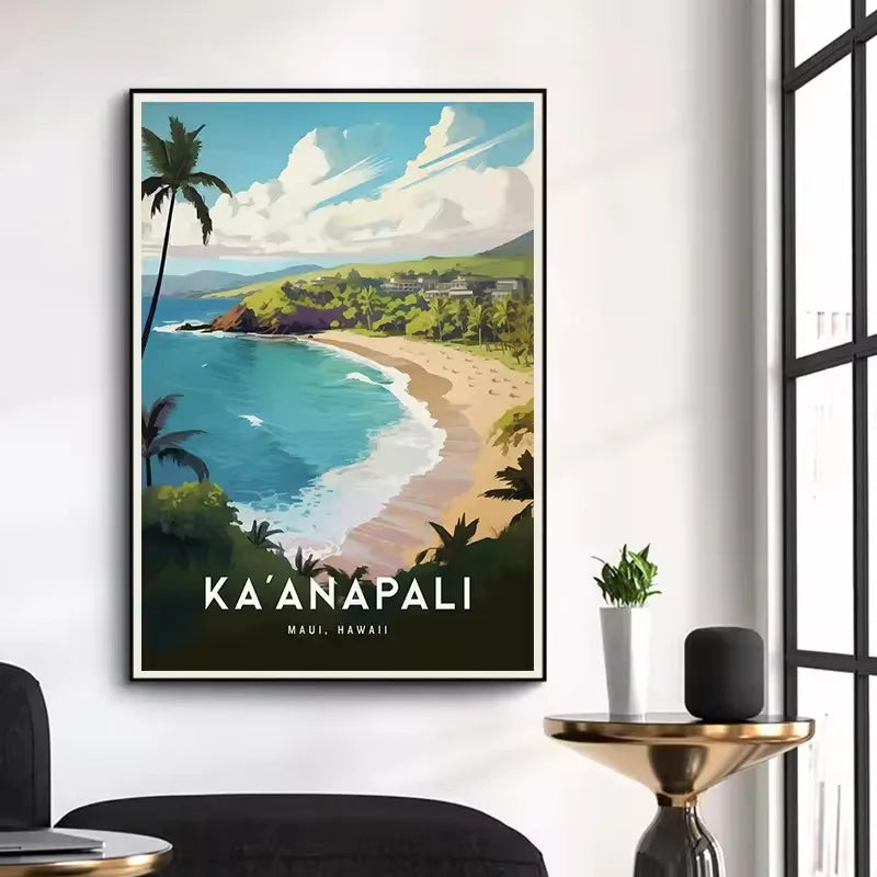 Vintage Hawaii Lahaina Beach Landscape Canvas Wall Art Poster Canvas Wall Art Peaceful Pleasures Health and Wellness