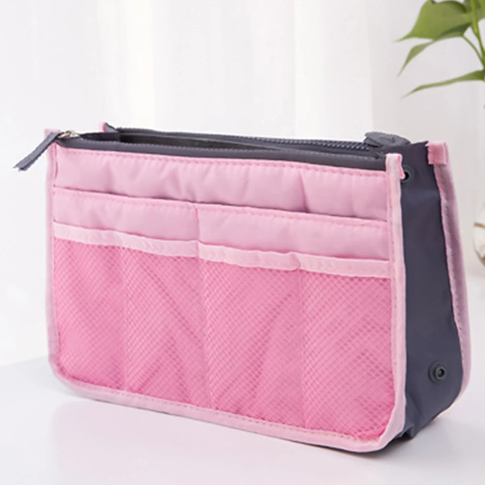 Nylon Women Cosmetic Organizer Bag Travel Foldable Large Capacity Handbag Insert Makeup Tote Liner with Travel Insert Organizer Peaceful Pleasures Health and Wellness pink