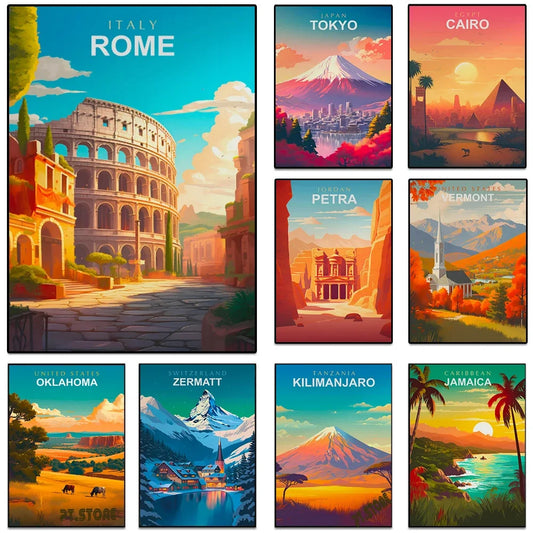 World Travel Cities Canvas Wall Art | Rome Paris Japan Poster Canvas Wall Art Print Peaceful Pleasures Health and Wellness