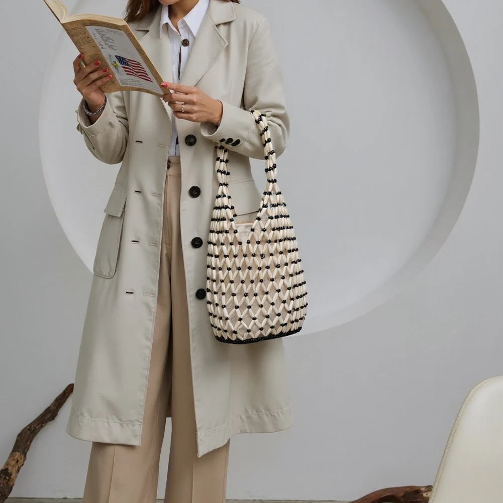 Handmade Wooden Bead Woven Bucket Bag for Women Peaceful Pleasures Health and Wellness