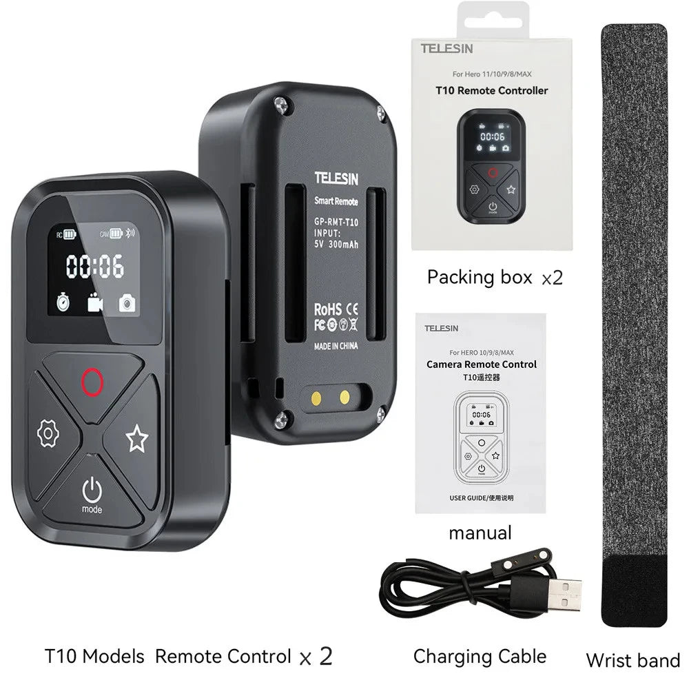 TELESIN T10 Bluetooth Remote Control For GoPro Hero 12 11 10 9 Accessories Wireless Smart Remote For GoPro 80M action Camera Peaceful Pleasures Health and Wellness 2 pc with box