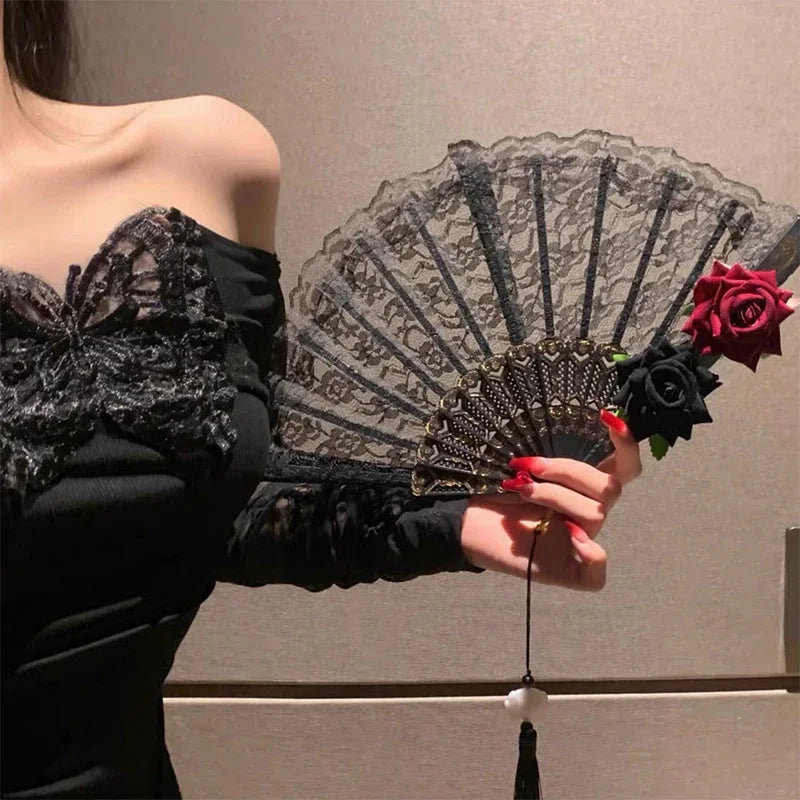 Ladies Lace Folding Hand Fan with Tassels | Wedding & Dance