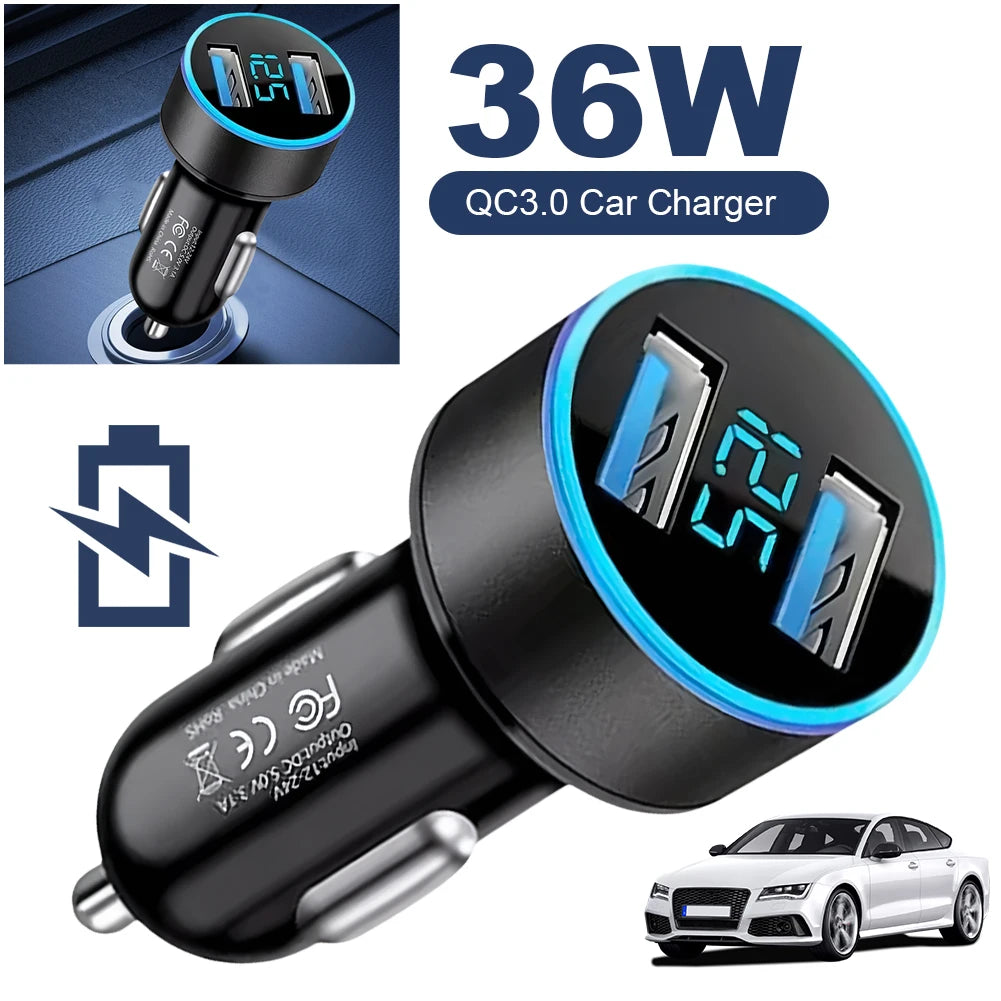 36W Car Fast Charger – Dual USB PD & QC3.0 with Voltage Display Peaceful Pleasures Health and Wellness