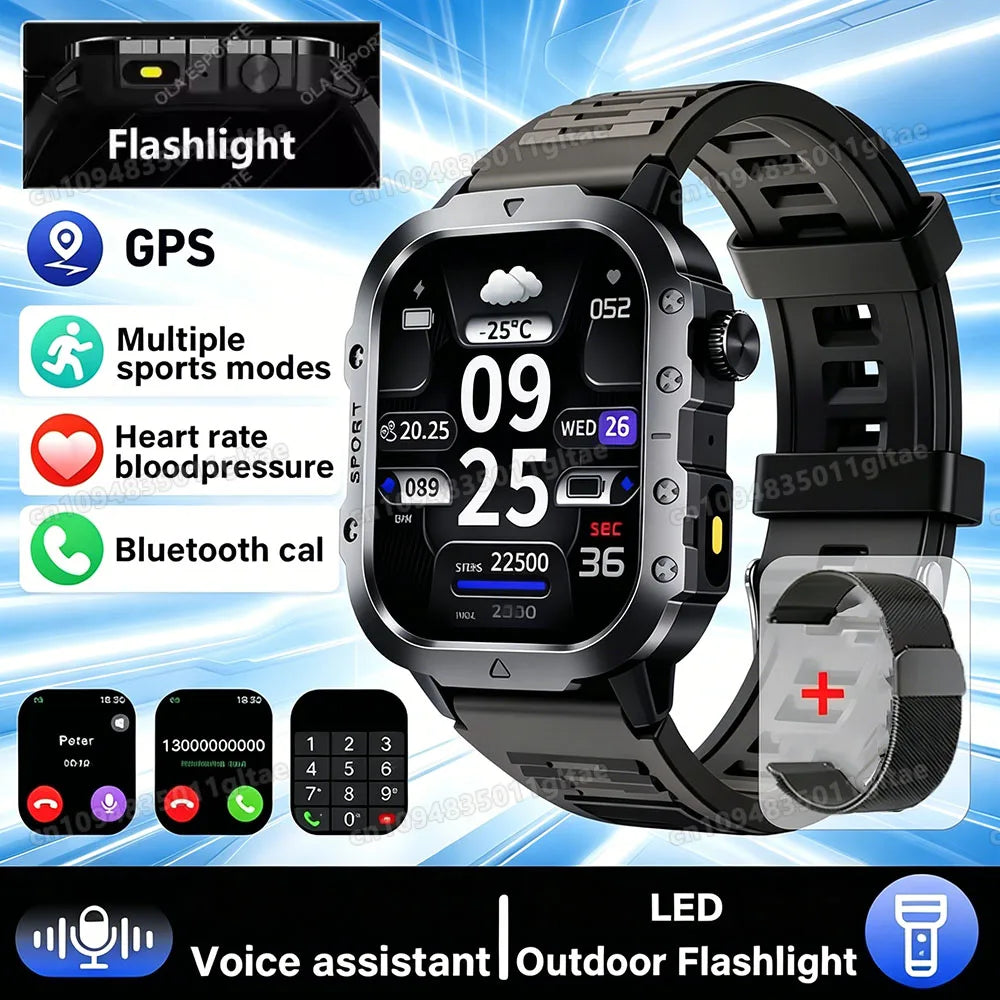 Outdoor Military Smartwatches Bluetooth Call Men 2.01" Blood Oxygen Monitor 5ATM Waterproof GPS Tracking Sports Smart Watch HW12 Peaceful Pleasures Health and Wellness 2.01 Bk22Milan Smartwatch