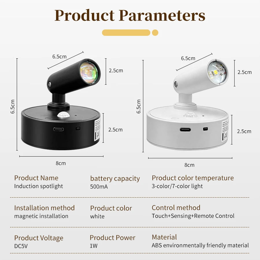 Magnetic Rotatable Spotlight Touch Dimmable 3Colors & RGB with Remote Control 500mAh USB Charging Motion Sensor LED Night Light Peaceful Pleasures Health and Wellness