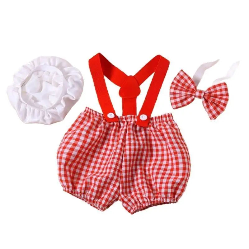 Newborn Photography Outfit 3-Piece Set – Checkered Overall & Hat