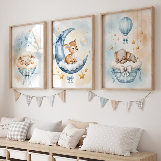 Cartoon Blue Deer & Elephant Kids Room Canvas Wall Art Print Kids Canvas Wall Art Peaceful Pleasures Health and Wellness