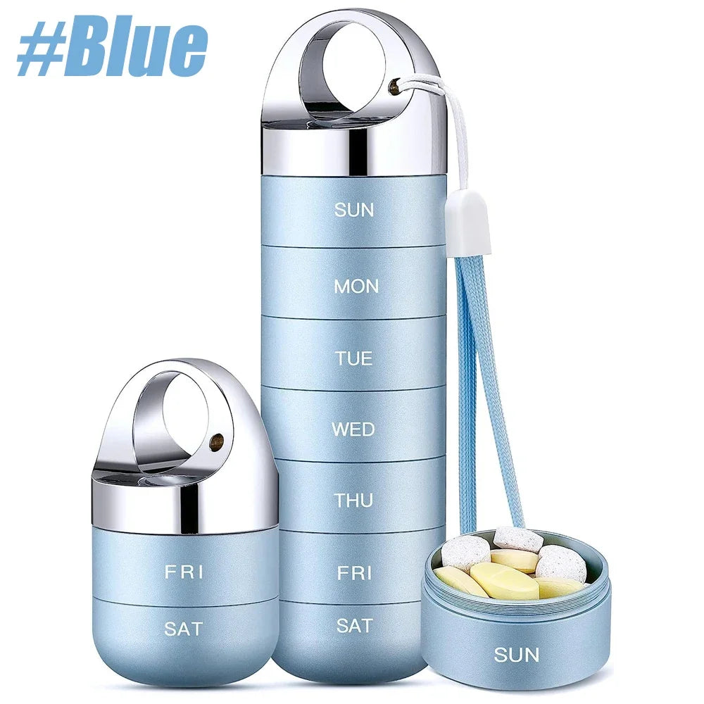 Portable Travel Pill Box Metal 7 Day Pill Case Organizer Waterproof Aluminum Alloy Travel Pill Case Container for Vitamins Peaceful Pleasures Health and Wellness
